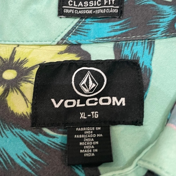 Volcom Men's Button  Hawaiian Print Collared Short Sleeve Green/ Blue Shirt XL - Picture 3 of 13